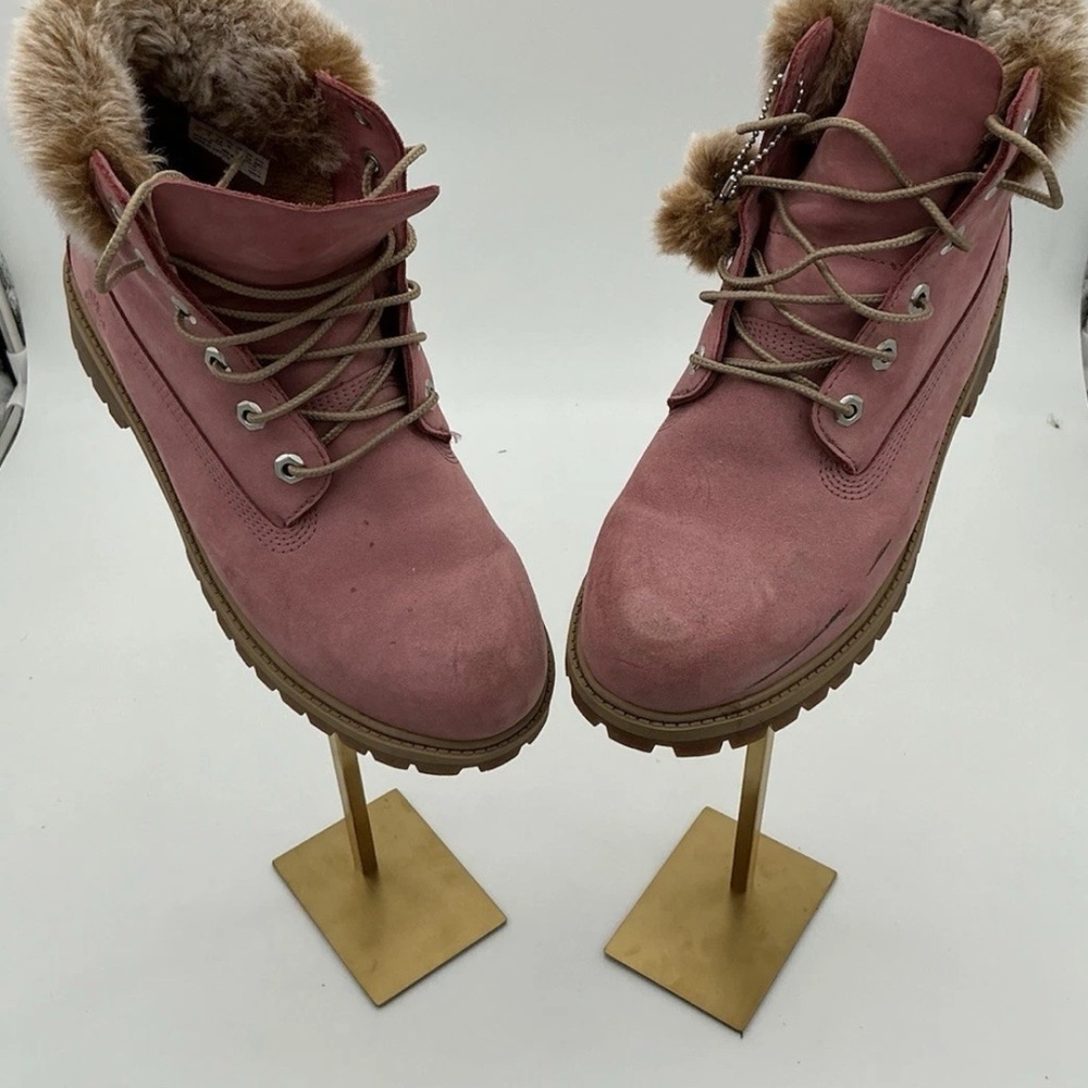Timberland Pink Suede Ankle Boots Size 5.5 Fur Trim